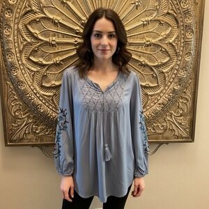 Style & Co. Embroidered Boho Blouse M – Blue Rayon Long Sleeve Peasant Top India